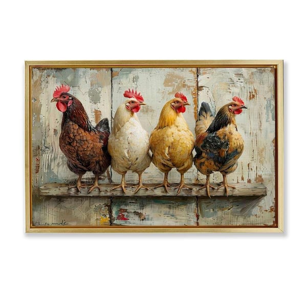 Chickens In A Row by LSR Design Studio Gold Floater Frame Animal Graphic Art Print 21 in. x 31 in.