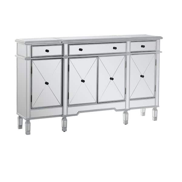 Linon Home Decor Barrington 60 in. L Silver Gray Rectangle Mirrored/Glass Top 3 Drawer 4-Door Console Table