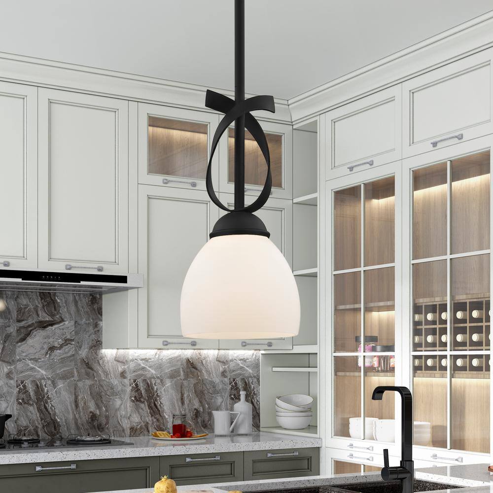 Mini Globe Black Steel Pendant with Satin Opal White Glass