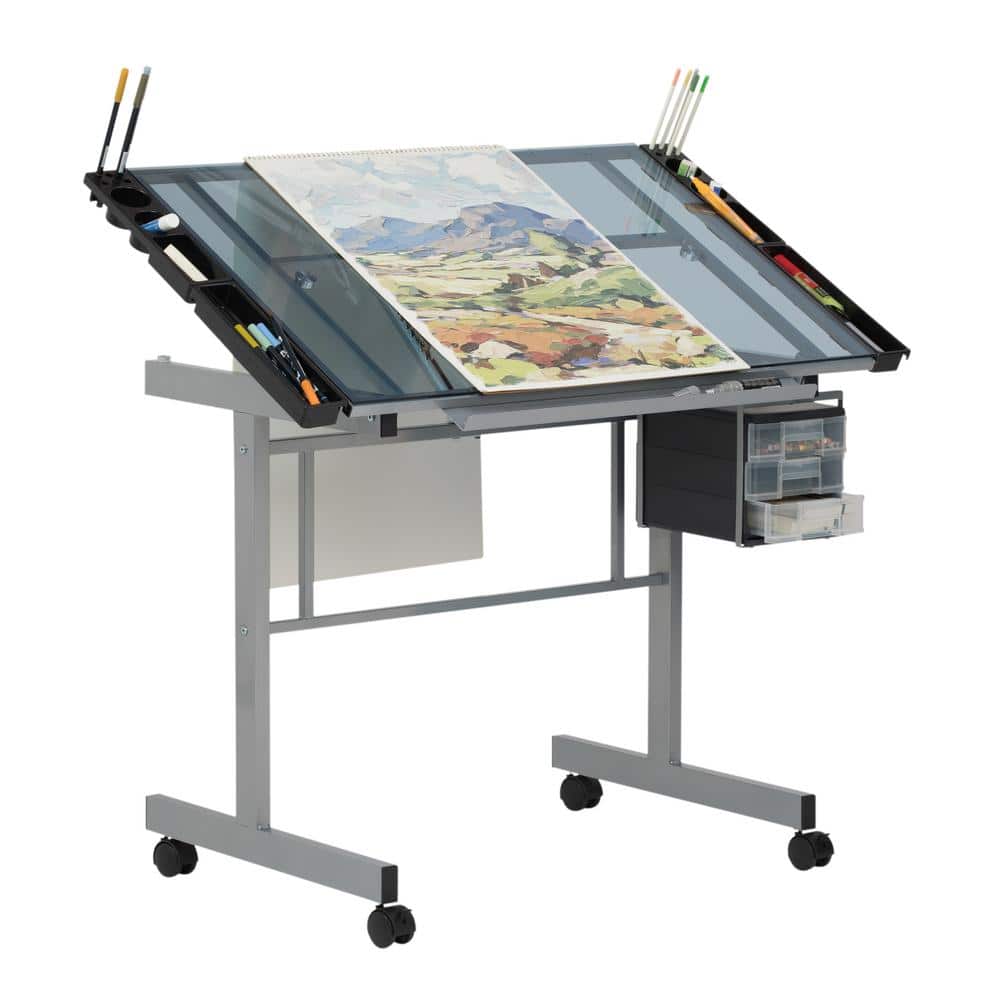 Silver-Blue Tempered Glass Craft & Drawing Desk with Adjustable Angle