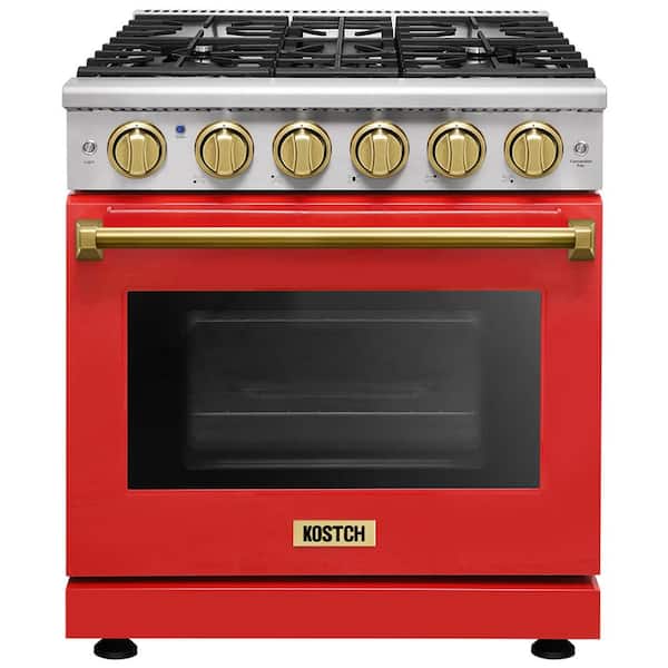 30 in. 5 Burners Freestanding Natural Gas Range with 4.55 cu. ft. Convection Oven in Red with Bronze Handle