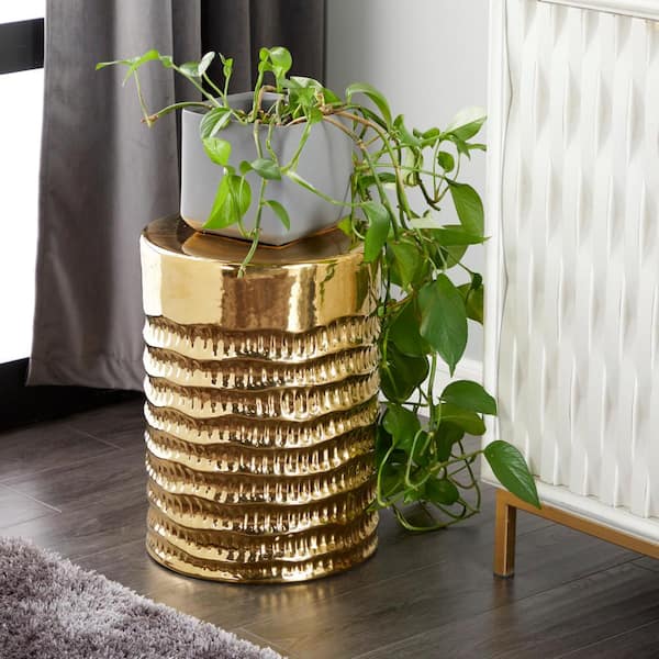 Litton Lane 13 in. Gold Medium Round Stoneware End Accent Table