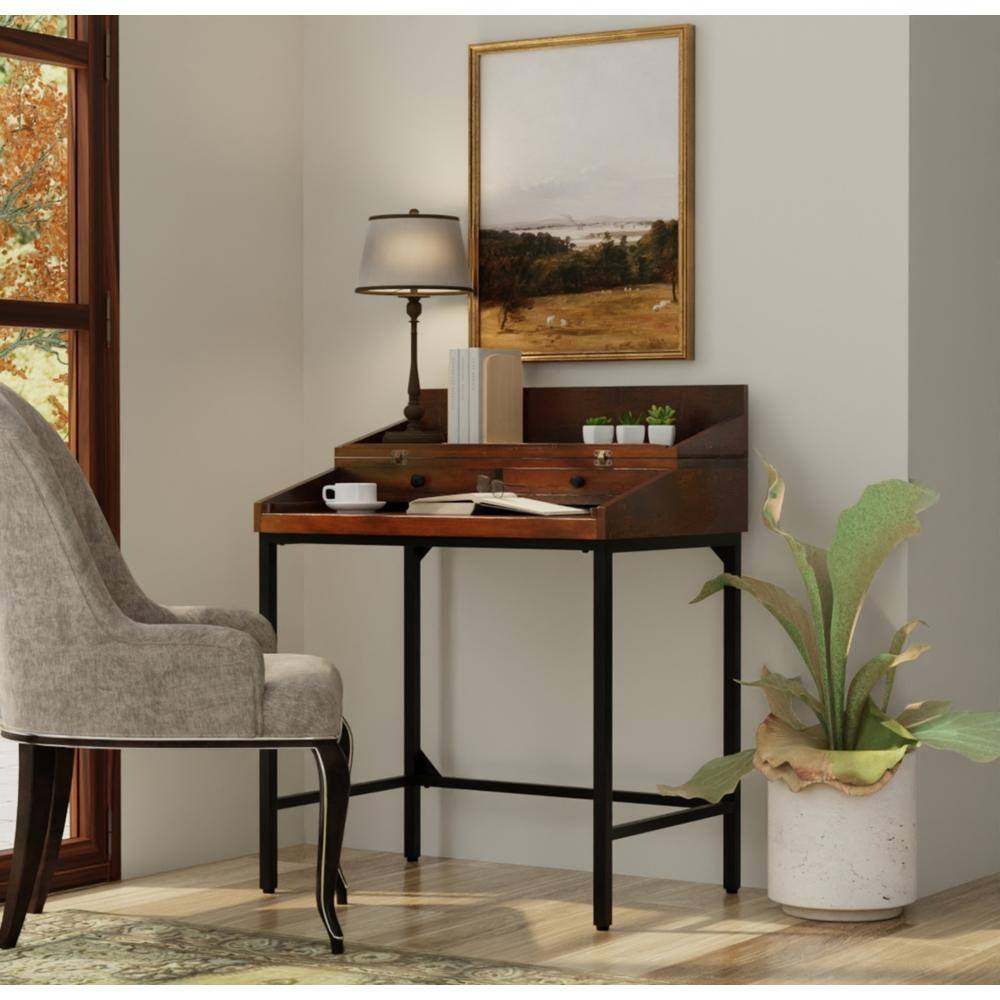 Chestnut Mango Wood Writing Desk with Black Iron Frame and Drawers