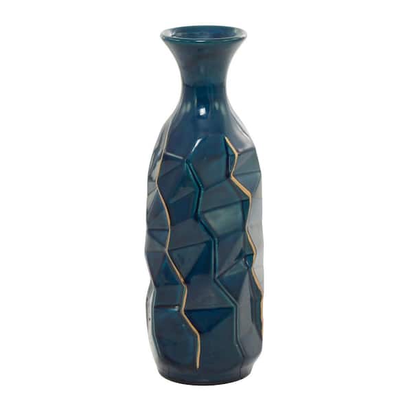 Litton Lane Blue Faceted Ceramic Decorative Vase with Gold Accents ...
