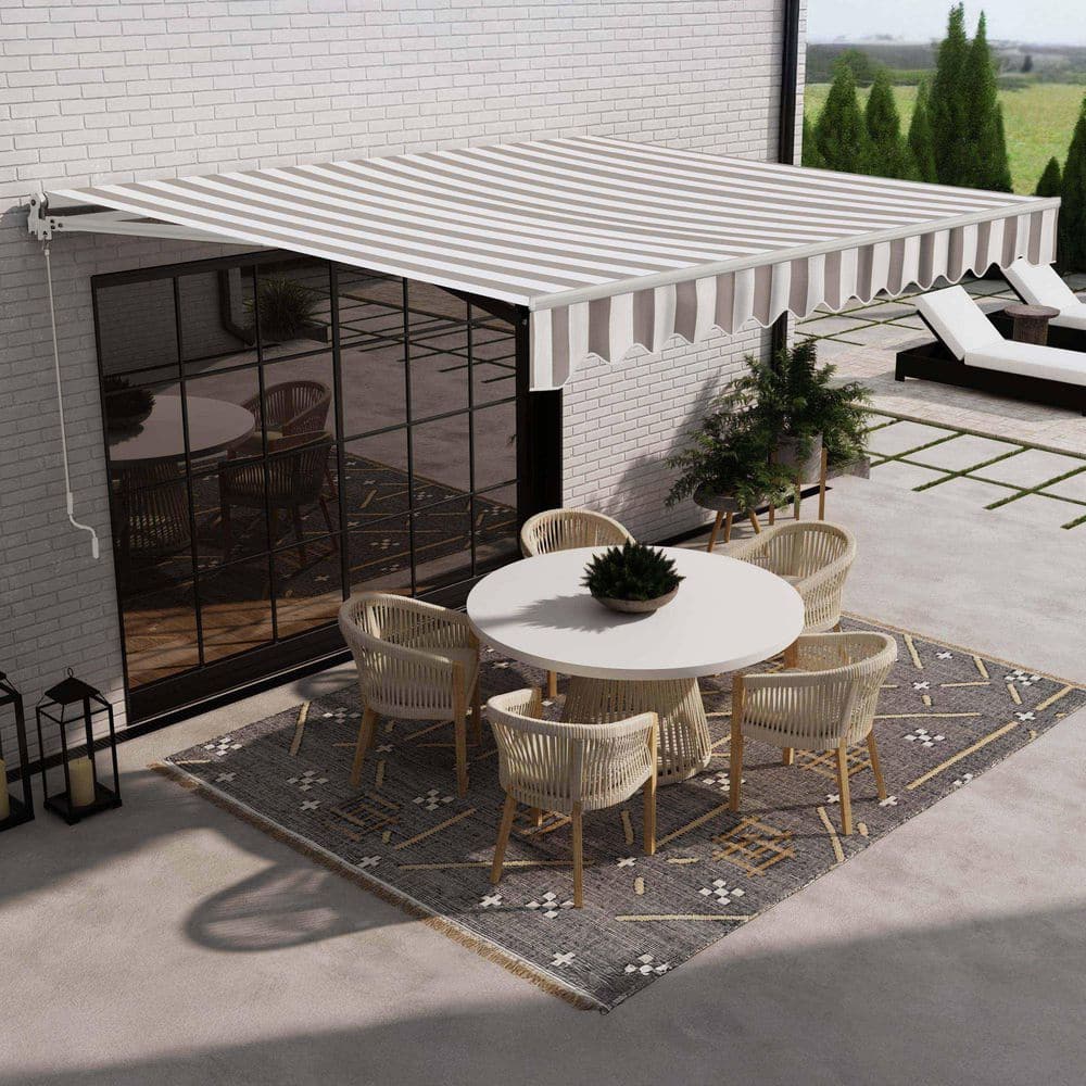 Gray and White Striped Motorized Retractable Patio Awning, 10' x 8'