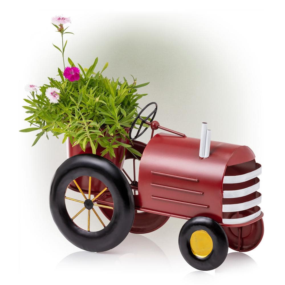 Red Metal Tractor Planter with Stand for Indoor/Outdoor Use
