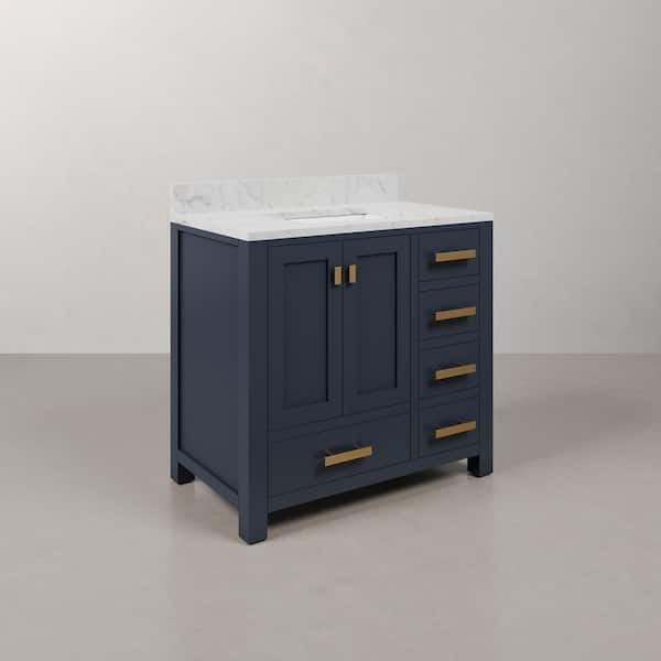 Madison 36 in. W x 21.5 in. D x 34 in. H Single Sink Bath Vanity in Monarch Blue with Carrara White Marble Top