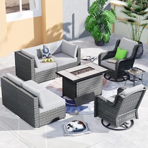 Iris Gray 8-Piece Wicker Outerdoor Patio Rectangular Fire Pit Set with Gray Cushions and Swivel Rocking Chairs