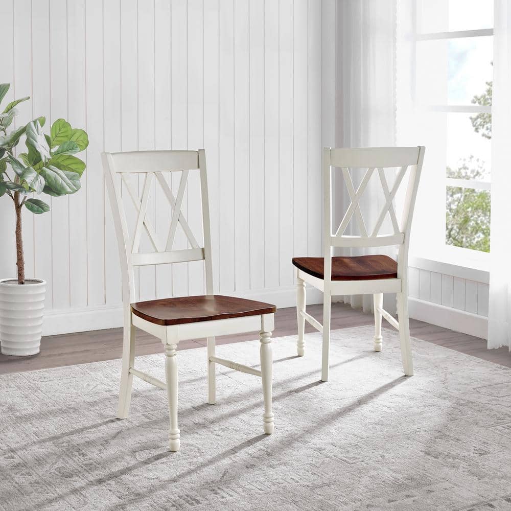 White Cross Back Rustic Wood and Metal Dining Chairs, Set of 2