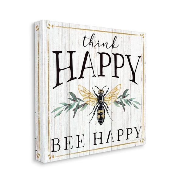 Stupell Industries Think Happy Bee Happy Phrase Insect Pun By Elizabeth Tyndall Unframed Print Typography Wall Art 17 in. x 17 in.