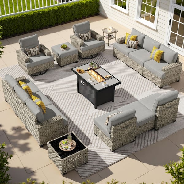 XIZZI Verdantia 15 Pieces Wicker Rectangular Fire Pit Sets and Swivel Rocking Chairs with Dark Grey Cushion