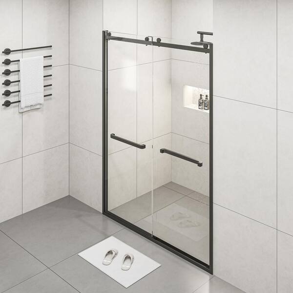 MEDUNJESS BradF 60 in. W x 76 in. H Sliding Semi-Frameless Shower Door in Matte Black with 3/8 in. (10mm) Tempered Clear Glass