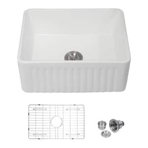 24 in. Farmhouse/Apront-Front Single Bowl White Ceramic Kitchen Sink with Bottom Grid