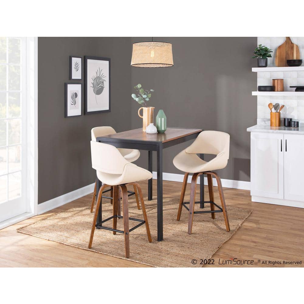 Walnut and Cream Swivel Counter Stool with Black Metal Accents