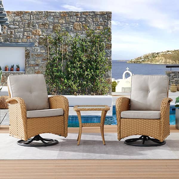 Pocassy 3-Piece Yellow Wicker Patio Conversation Set with Beige Cushions and Coffee Table All-Weather Swivel Rocking Chairs