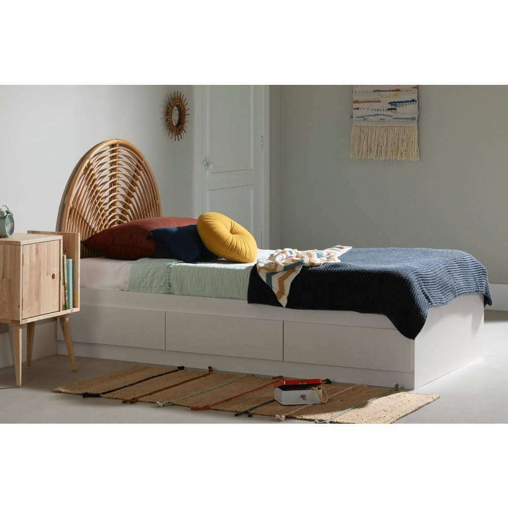 Twin White and Natural Wood Platform Bed with Storage and Rattan Headboard