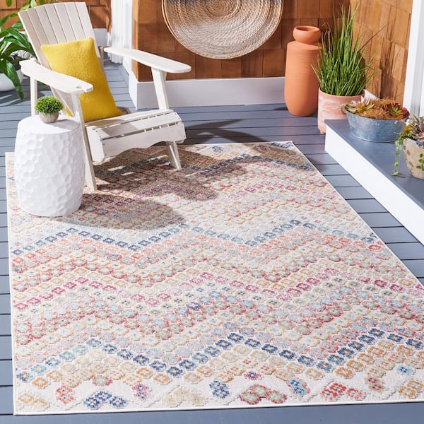 Cabana Rust/Blue/Ivory 7 ft. x 7 ft. High-Low Zig-Zag Indoor/Outdoor Square Area Rug