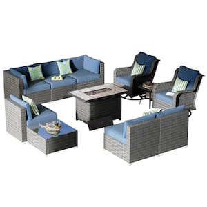 Iris Gray 11-Piece Wicker Outerdoor Patio Rectangular Fire Pit Set with Denim Blue Cushions and Swivel Rocking Chairs