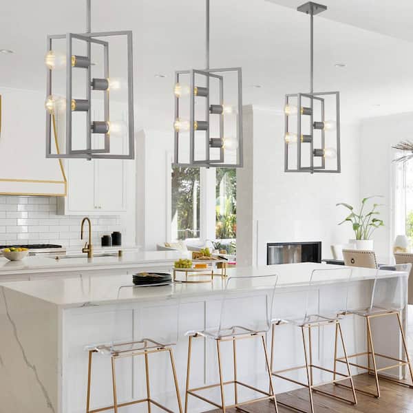 4-Light Silver Modern Geometric Metal Ceiling Light Foyer Lighting Fixture Chandelier for Dining Room Kitchen Island