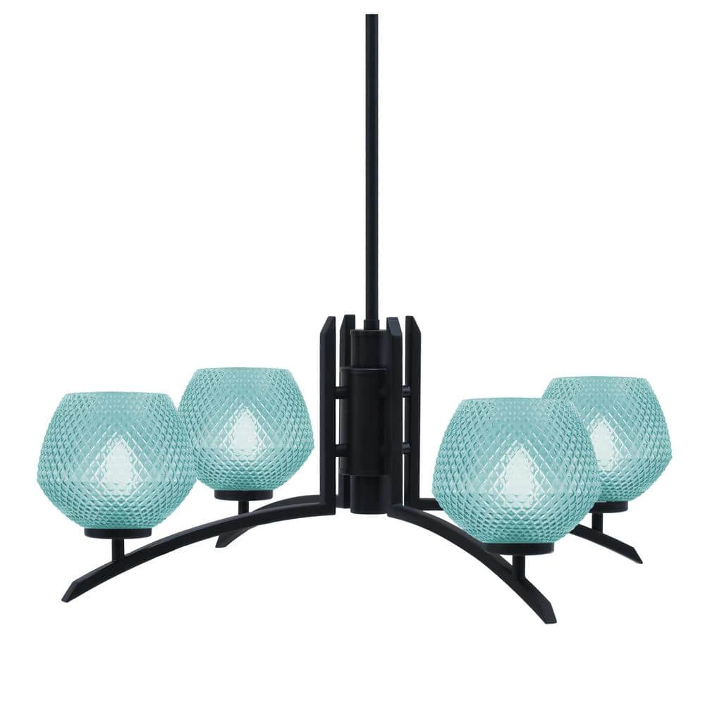 Siena 27.5 in. 4 Light Matte Black Chandelier with Turquoise Textured Glass