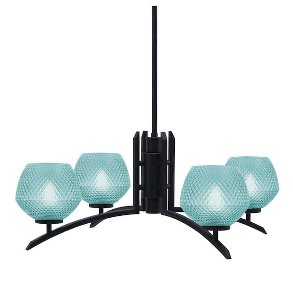 Unbranded Siena 27.5 in. 4 Light Matte Black Chandelier with Turquoise Textured Glass Shades