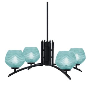 Siena 27.5 in. 4 Light Matte Black Chandelier with Turquoise Textured Glass Shades