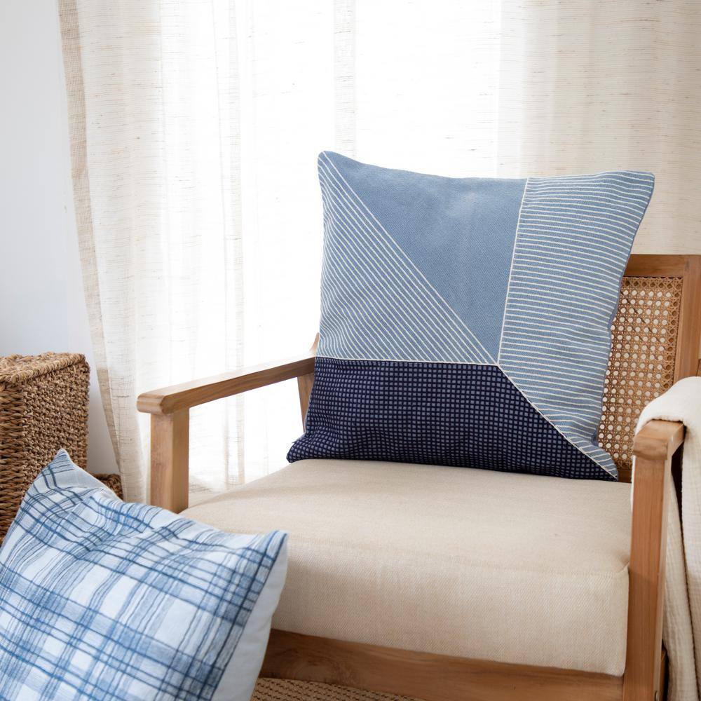 Blue Contemporary Checkered Hand-Woven Cotton Blend Throw Pillow