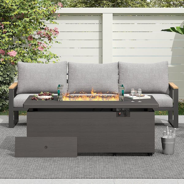 AURA OUTDOOR Gray 51 in. 50000 BTU Rectangular Propane Outdoor Fire Pit Table with Glass Wind Guard Lid Fire Glass Beads