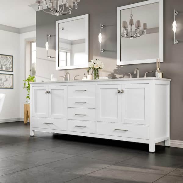 Eviva Aberdeen 84 in. W x 22 in. D x 34 in. H Double Bath Vanity in White with White Carrara Quartz Top with White Sink