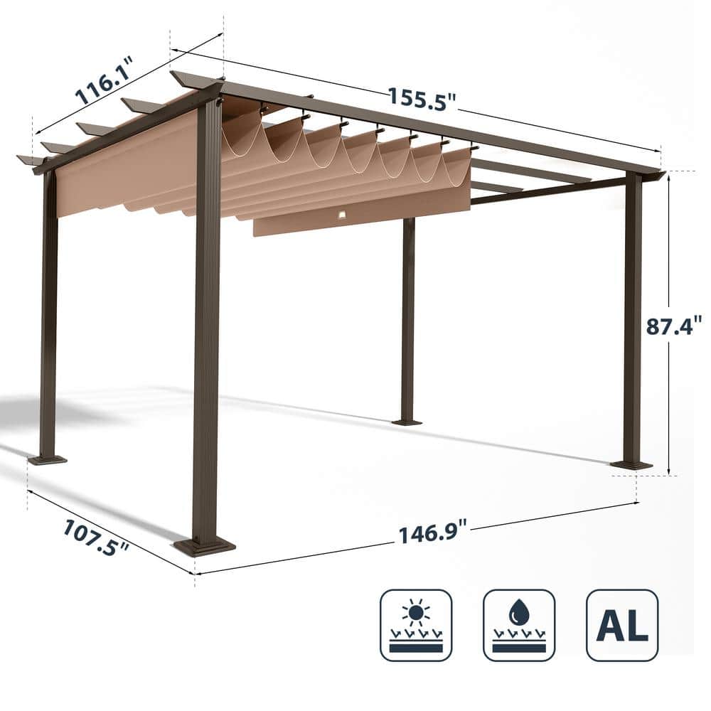 10 ft. x 13 ft. Wood Grain Aluminum Pergola with Gray Canopy