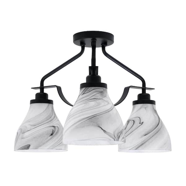 Unbranded Zara 16.75 in. 3-Light Matte Black Semi-Flush with 6.25 in. Onyx Swirl Glass Shades No Bulbs Included