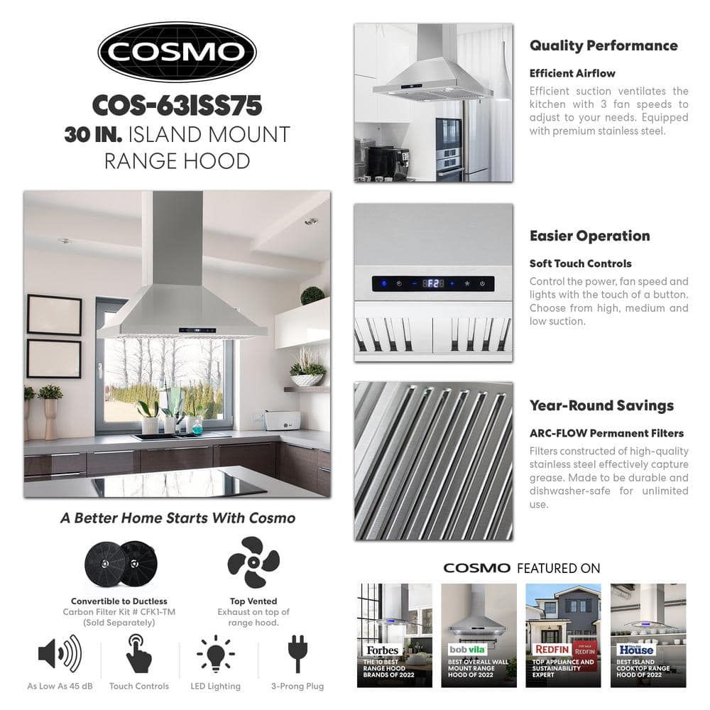30" Stainless Steel Convertible Island Range Hood with Charcoal Filter