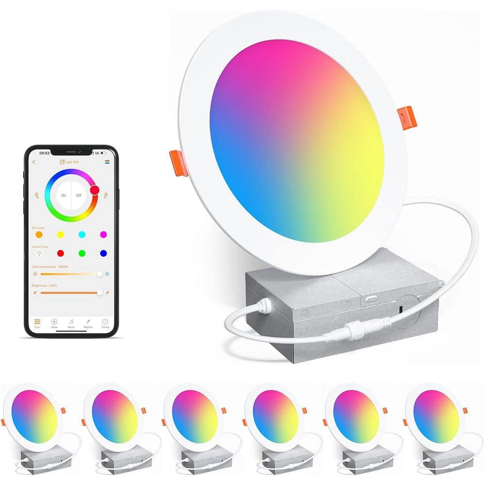 6 Inch RGBCW Color Changing LED Downlight with Junction Box Dimmable Blueto