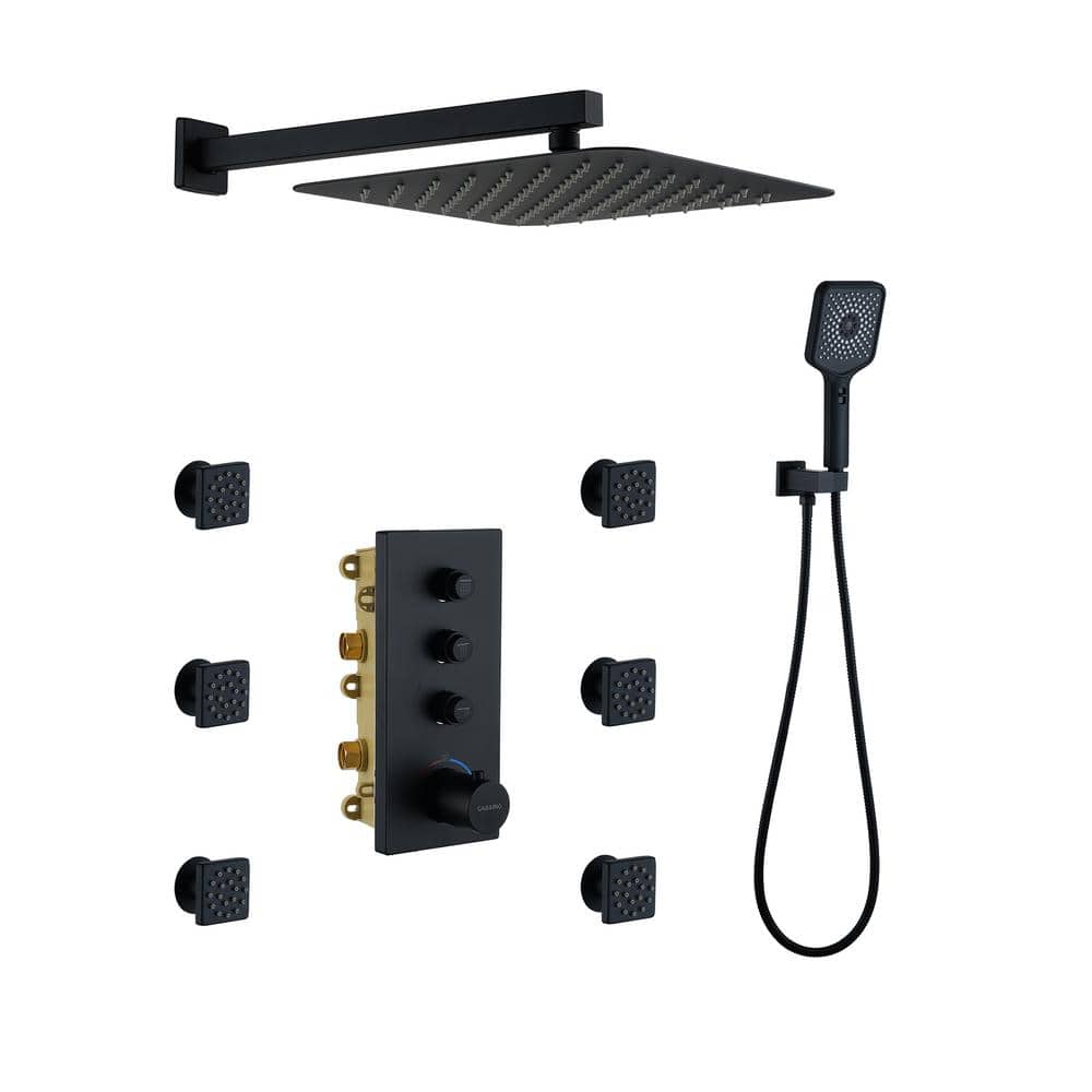 Matte Black 12-Inch Wall Mount Shower System with 6 Body Jets
