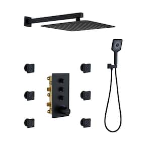 Luxury Thermostatic 3-Spray Patterns 12 in. Flush Wall Mount Rainfall Dual Shower Heads with 6-Jets in Matte Black