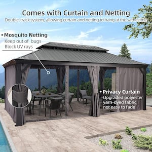 12 ft. x 20 ft. Gray Aluminum Hardtop Gazebo Canopy for Patio Deck Backyard Heavy-Duty with Netting and Curtains