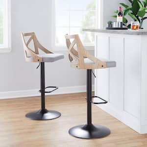 Charlotte 32.5 in. Grey Fabric White Wash Wood and Black Metal Adjustable Bar Stool Round Rectangle Footrest (Set of 2)