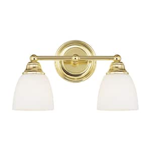 Beaumont 15 in. 2-Light Polished Brass Vanity Light with Satin Opal White Glass