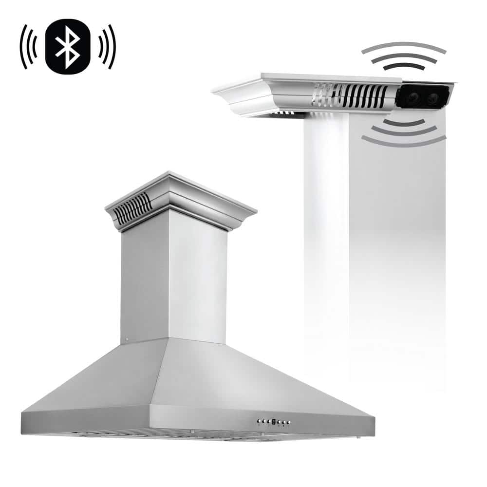 ZLINE Kitchen and Bath 36 in. 400 CFM Ducted Vent Wall Mount Range Hood in Stainless Steel with Built-in CrownSound Bluetooth Speakers, Brushed 430 Stainless Steel