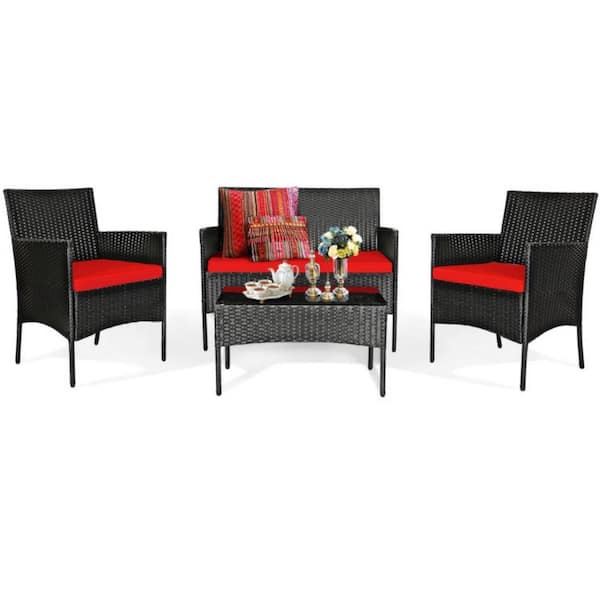 Clihome 4-Piece Wicker Patio Conversation Set Rattan Sofa Furniture Set with Red Cushions and Tempered Glass Coffee Table