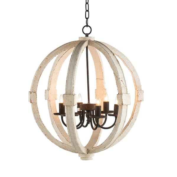 CottaIron 6-Light Distressed White Pendant with Adjustable Chain Wood Chandelier for Hallway, with No Bulbs Included