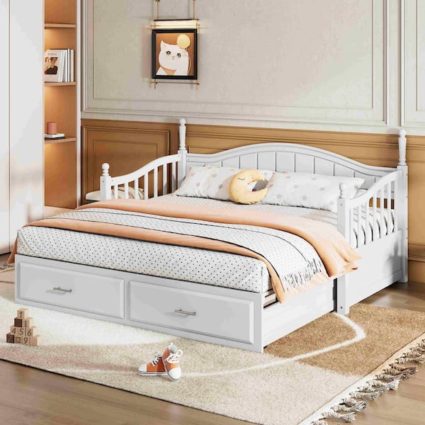 White Twin Daybed with Twin Size Trundle, 2 Storage Drawers