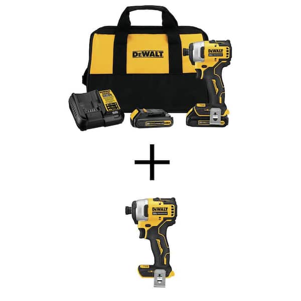 DEWALT ATOMIC 20V MAX Cordless Brushless Compact 1/4 in. Impact Drivers (2 Pack), (2) 20V 1.3Ah Batteries, Charger and Bag