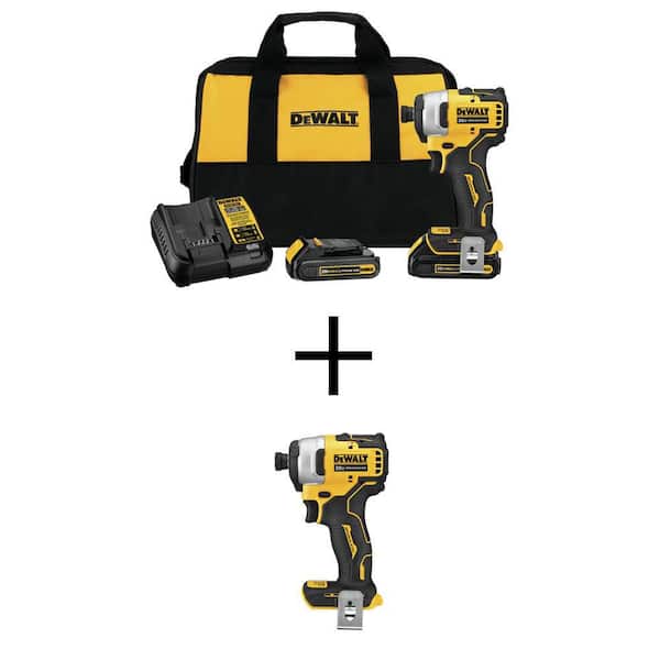 DEWALT ATOMIC 20V MAX Cordless Brushless Compact 1/4 in. Impact Drivers (2 Pack), (2) 20V 1.3Ah Batteries, Charger and Bag