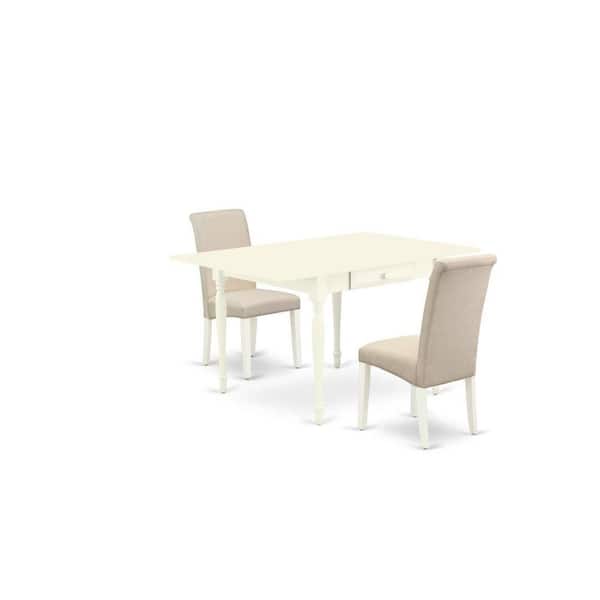 East West Furniture 3-Piece Linen White Finish Solid Wood Top with Dropleaf Dining Table Set