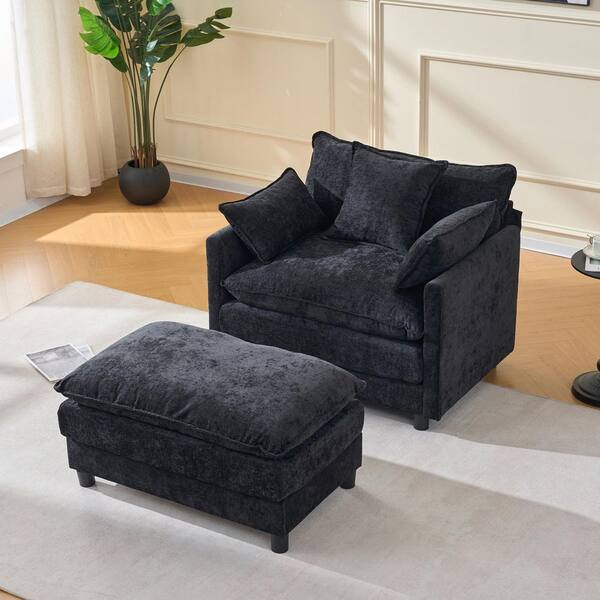 Maurice Oversized Black Chenille Upholstered Accent Arm Chair with Ottoman Set