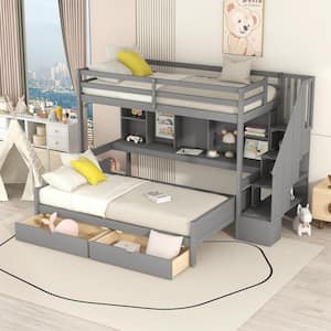 Gray Twin XL over Full Bunk Bed with Built-in Storage Shelves, Drawers and Staircase