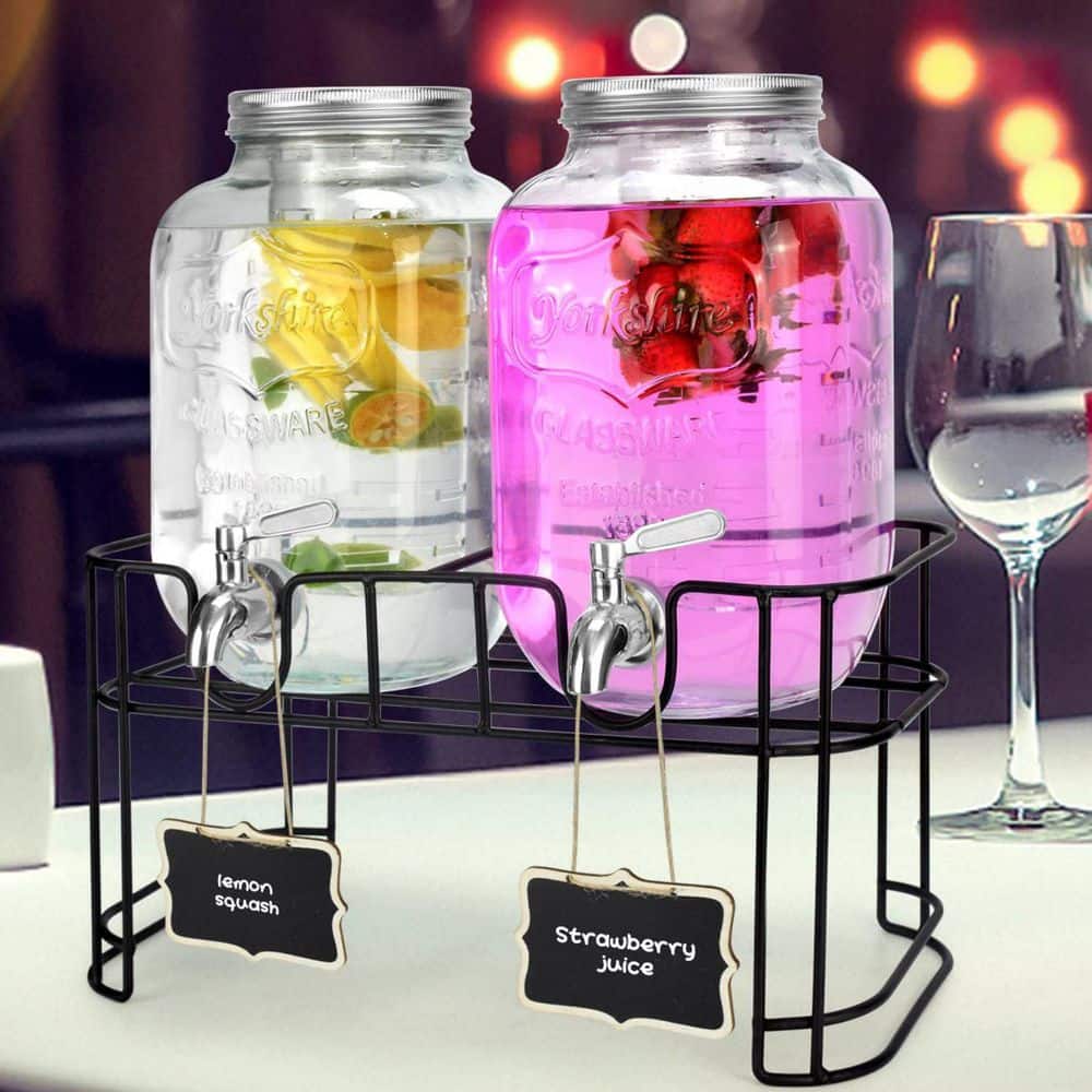 Wudkey 2-Pack 1 Gal. Clear Glass Beverage Dispenser Set with Stainless ...