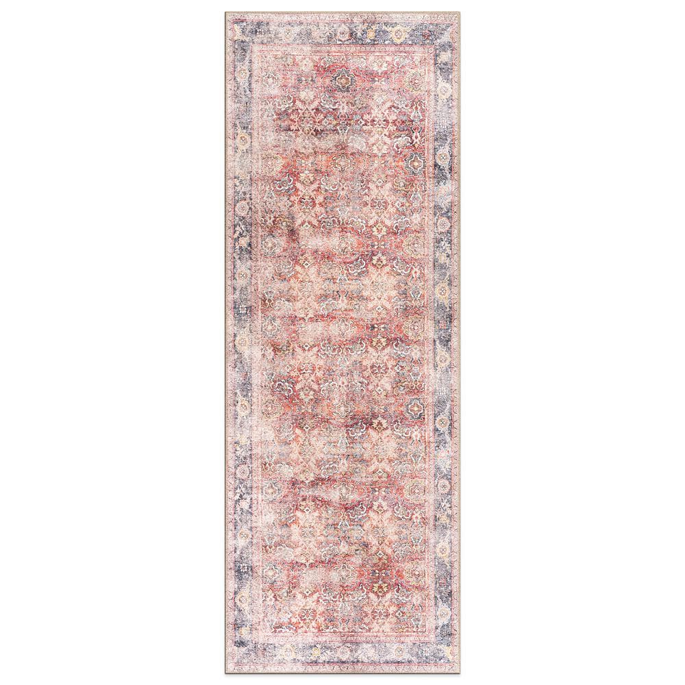 Vintage Red and Beige Polyester Flat-Woven Non-Slip Runner Rug