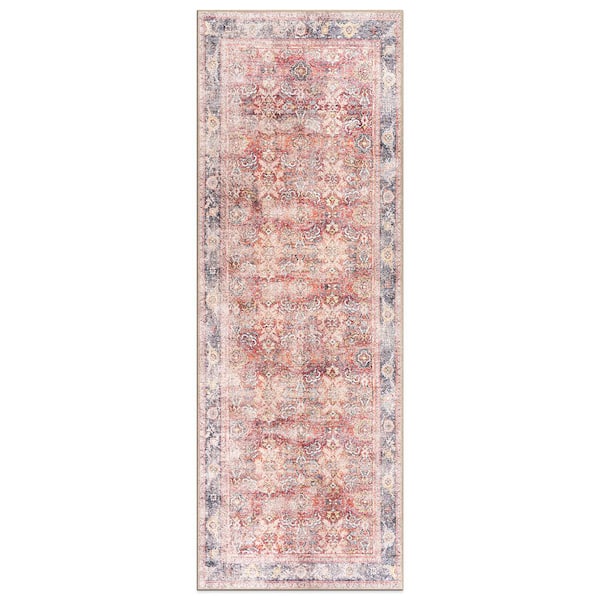 World Rug Gallery Amber Red 2 ft. 6 in. x 7 ft. Vintage Bordered Machine Washable Non Slip Runner Rug